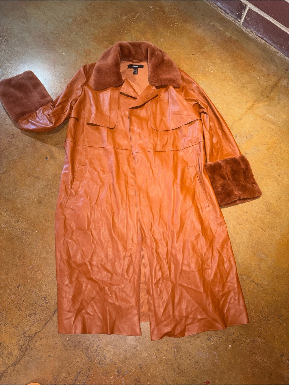 Forever 21 Rust Faux-Leather Trench Coat with Fur Trim